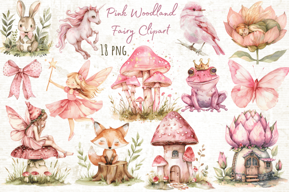 Watercolor Pink Woodland Fairy Clipart