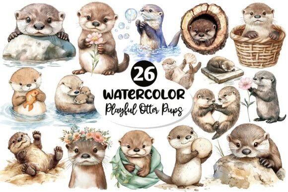 Watercolor Playful Otter Pups Clipart for Creative Projects