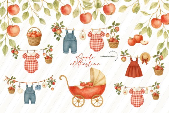 Watercolor Red Apple Clothesline Clipart