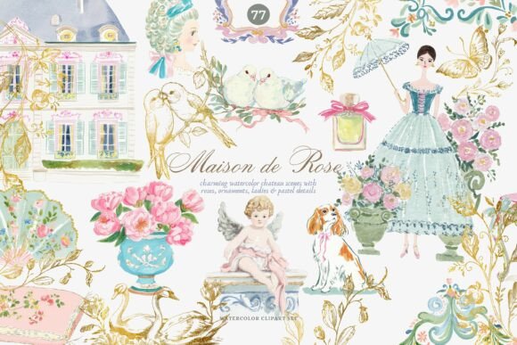 Watercolor Rococo Clipart Set for Elegant Design