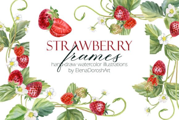 Watercolor Strawberry Frames Clipart Set