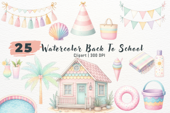 Watercolor Summer Pastel Beach Clipart