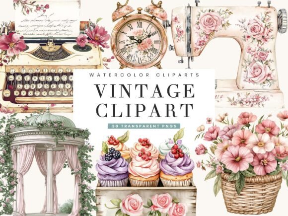 Watercolor Vintage Clipart Bundle