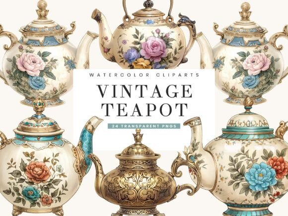 Watercolor Vintage Floral Teapot Clipart