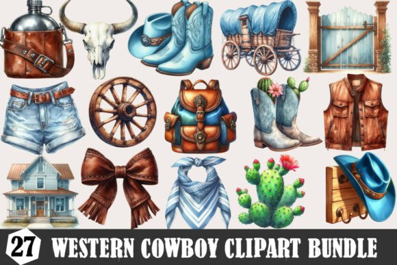 Watercolor Western Cowboy Clipart Bundle
