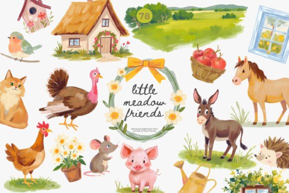 Whimsical Watercolor Farm Animals Clipart